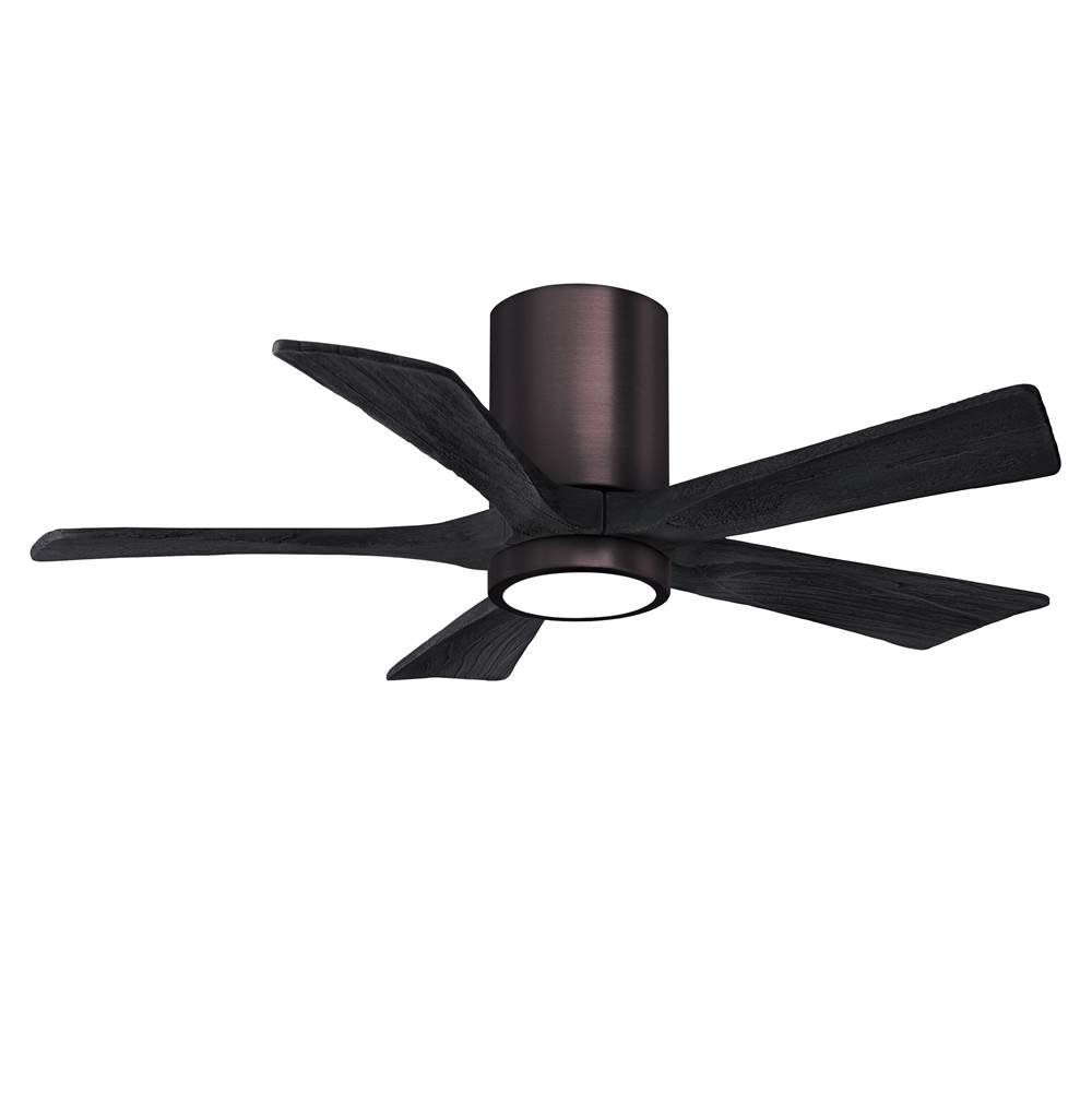 Matthews Fan Company IR5HLK five-blade flush mount paddle fan in Brushed Bronze finish with 42'' solid matte black wood blades and integrated LED light kit.