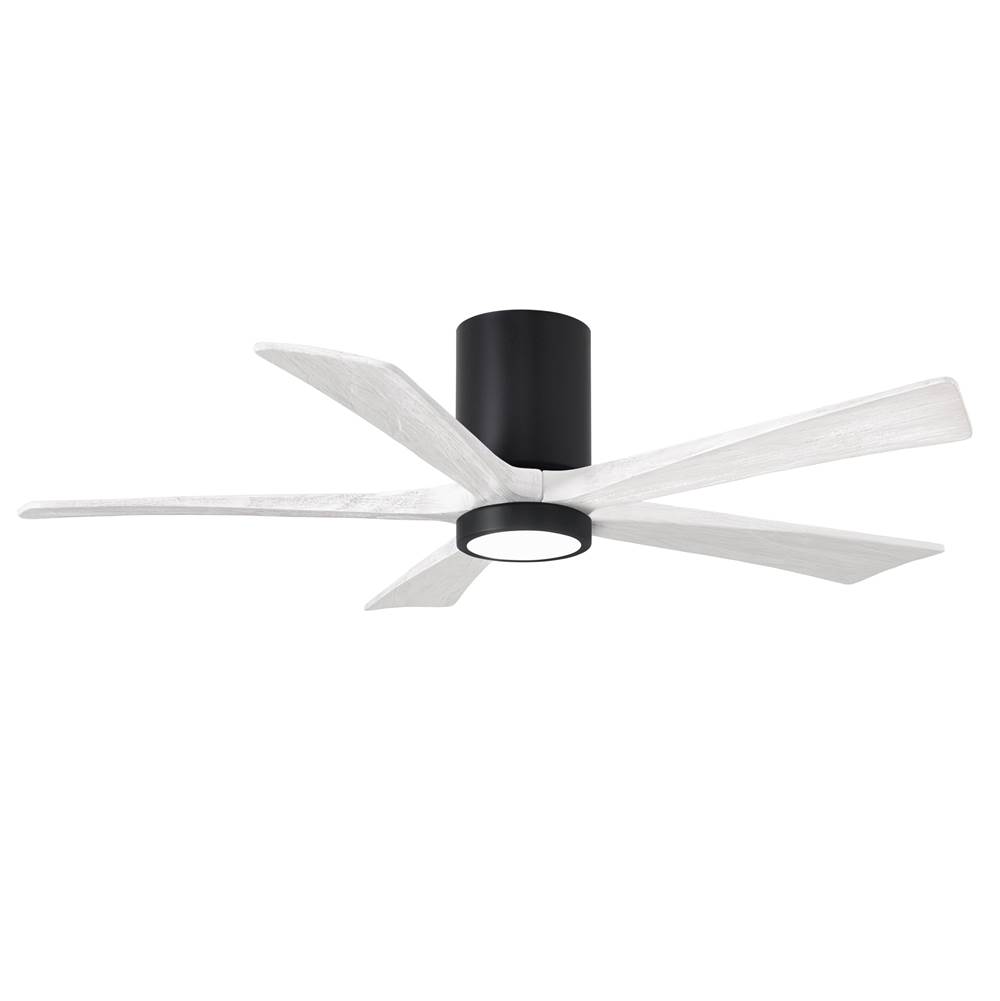 Matthews Fan Company IR5HLK five-blade flush mount paddle fan in Matte Black finish with 52'' solid matte white wood blades and integrated LED light kit.