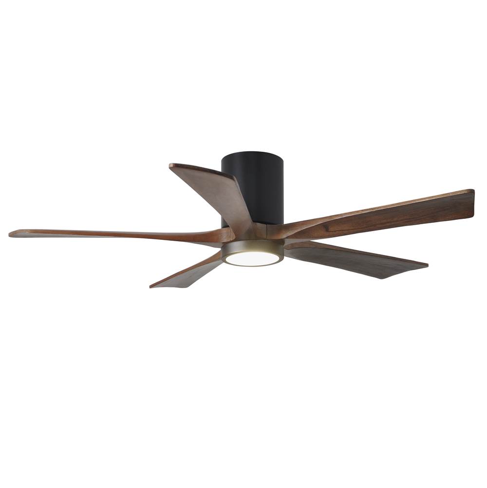 Matthews Fan Company IR5HLK five-blade flush mount paddle fan in Matte Black finish with 52'' solid walnut tone blades and integrated LED light kit.