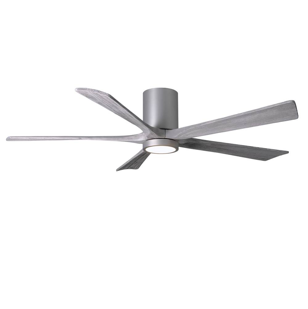 Matthews Fan Company IR5HLK five-blade flush mount paddle fan in Brushed Nickel finish with 60'' solid barn wood tone blades and integrated LED light kit.