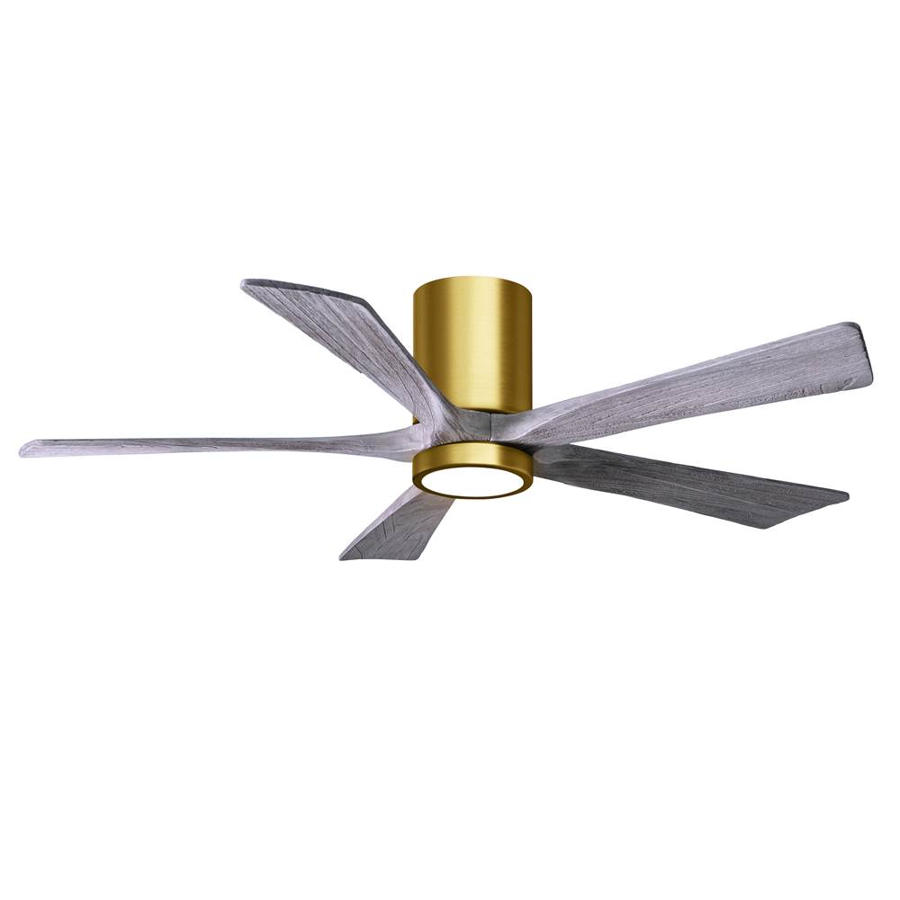 Matthews Fan Company IR5HLK five-blade flush mount paddle fan in Brushed Brass finish with 52'' solid walnut tone blades and integrated LED light kit.