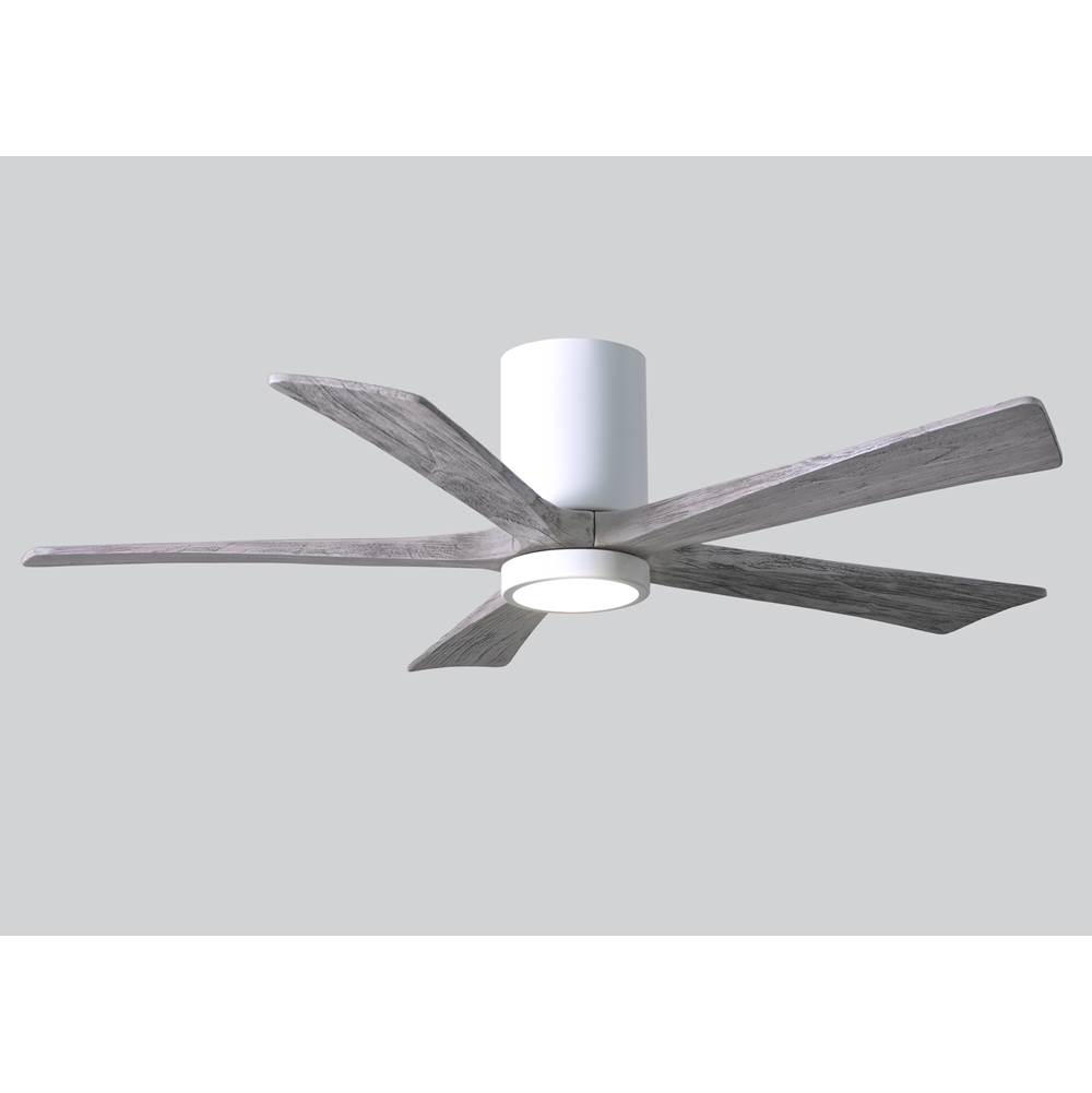 Matthews Fan Company IR5HLK five-blade flush mount paddle fan in Gloss White finish with 52'' solid barn wood tone blades and integrated LED light kit.