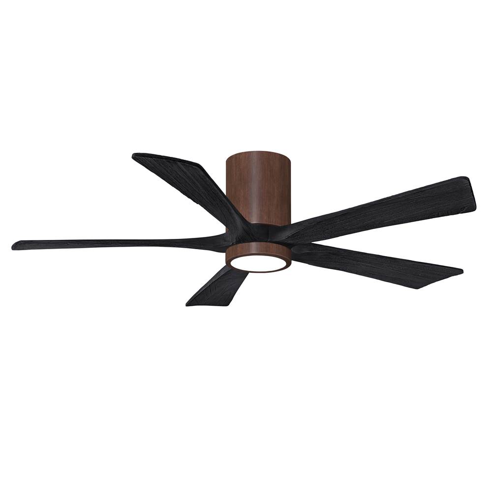 Matthews Fan Company IR5HLK five-blade flush mount paddle fan in Walnut finish with 52'' solid matte black wood blades and integrated LED light kit.