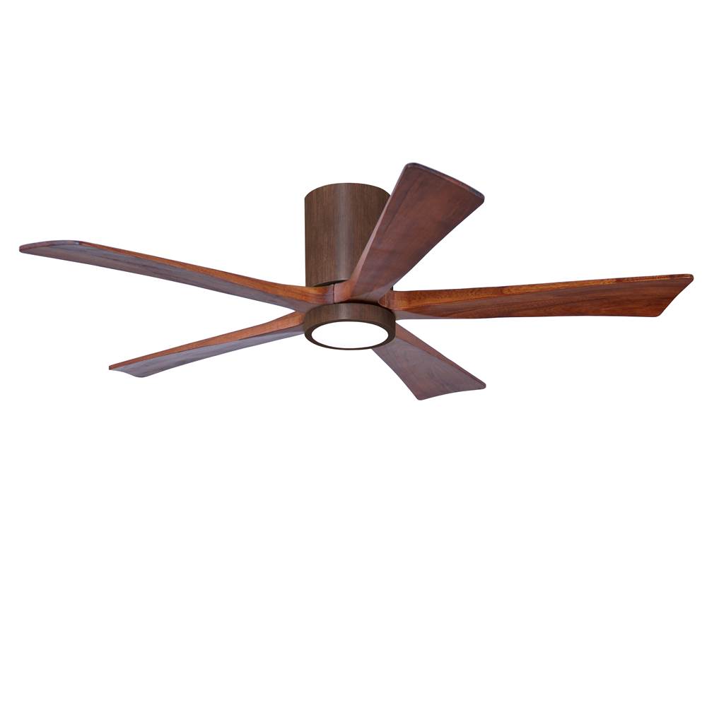 Matthews Fan Company IR5HLK five-blade flush mount paddle fan in Walnut finish with 52'' solid walnut tone blades and integrated LED light kit.