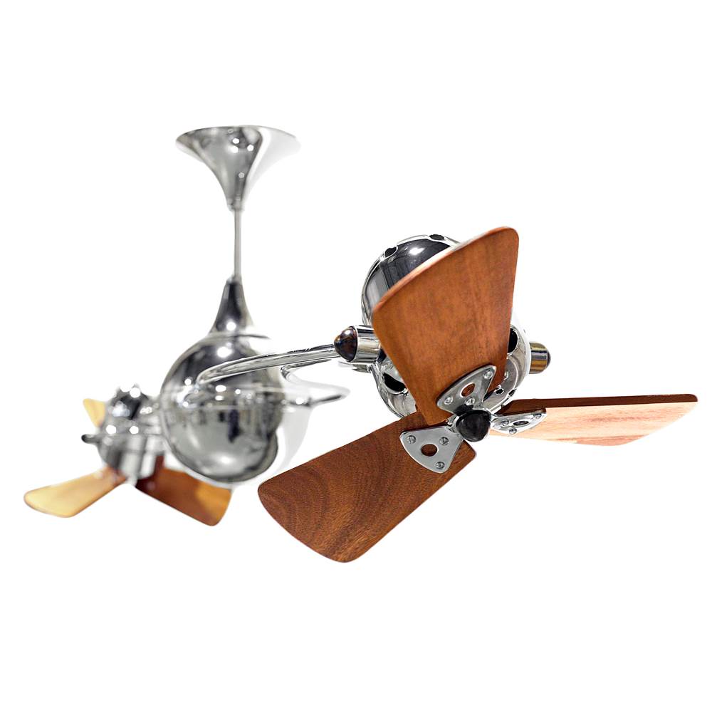 Matthews Fan Company Italo Ventania 360degree dual headed rotational ceiling fan in polished chrome finish with solid sustainable mahogany wood blades for damp location.