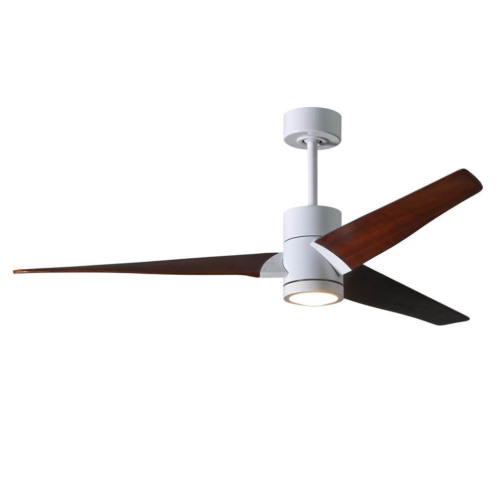 Matthews Fan Company Super Janet three-blade ceiling fan in Gloss White finish with 60'' solid walnut tone blades and dimmable LED light kit