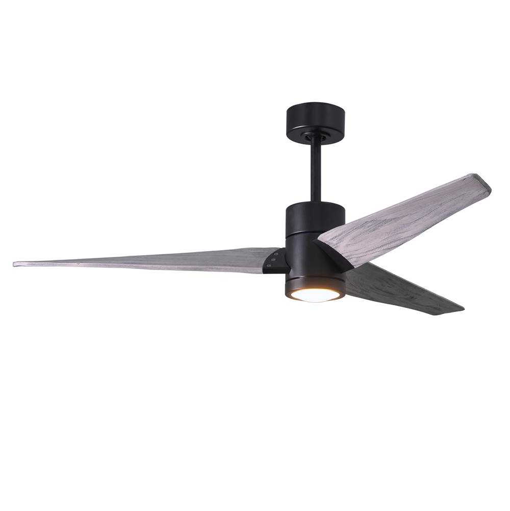 Matthews Fan Company Super Janet three-blade ceiling fan in Matte Black finish with 60'' solid barn wood tone blades and dimmable LED light kit