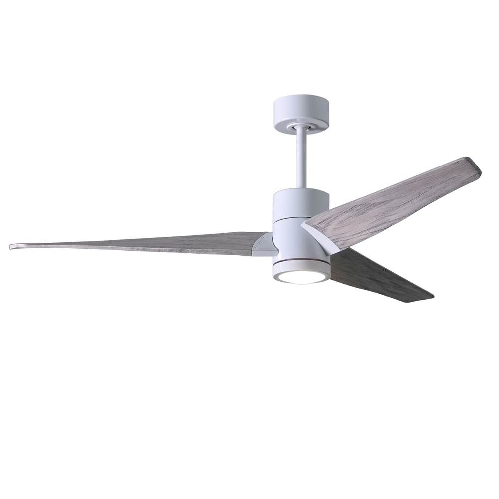 Matthews Fan Company Super Janet three-blade ceiling fan in Gloss White finish with 52'' solid barn wood tone blades and dimmable LED light kit