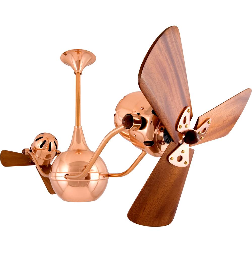 Matthews Fan Company Vent-Bettina 360degree dual headed rotational ceiling fan in polished copper finish with solid sustainable mahogany wood blades.