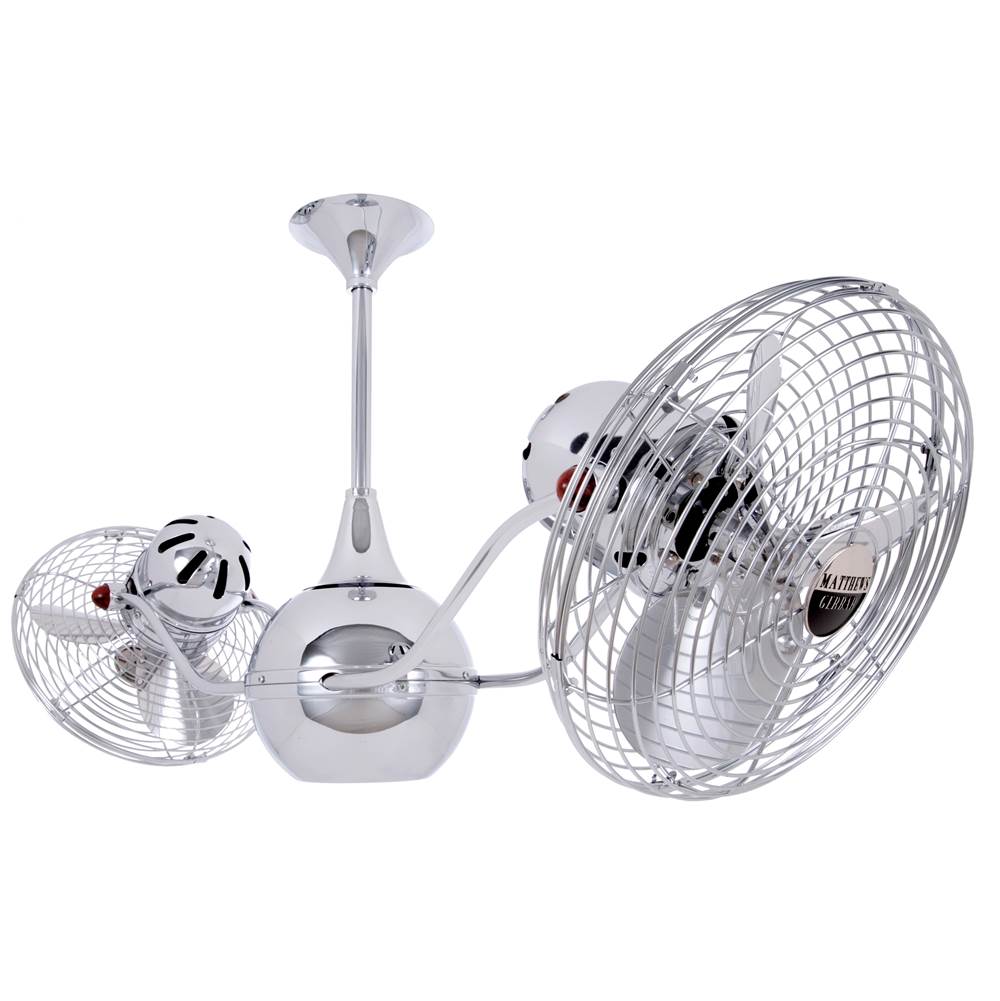 Matthews Fan Company Vent-Bettina 360degree dual headed rotational ceiling fan in polished chrome finish with metal blades.
