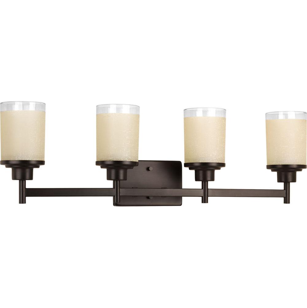 Progress Lighting Alexa Collection Four-Light Antique Bronze Etched Umber Linen With Clear Edge Glass Modern Bath Vanity Light