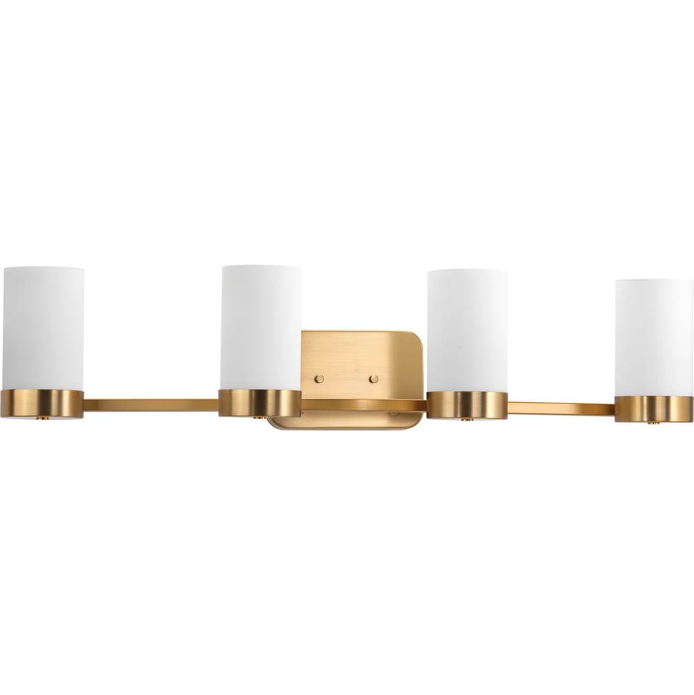 Progress Lighting Elevate Collection Four-Light Brushed Bronze Etched White Glass Mid-Century Modern Bath Vanity Light