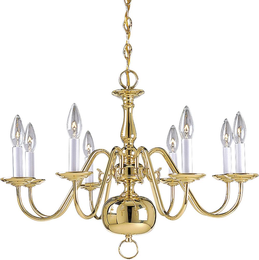 Progress Lighting Americana Collection Eight-Light Polished Brass White Candle Traditional Chandelier Light