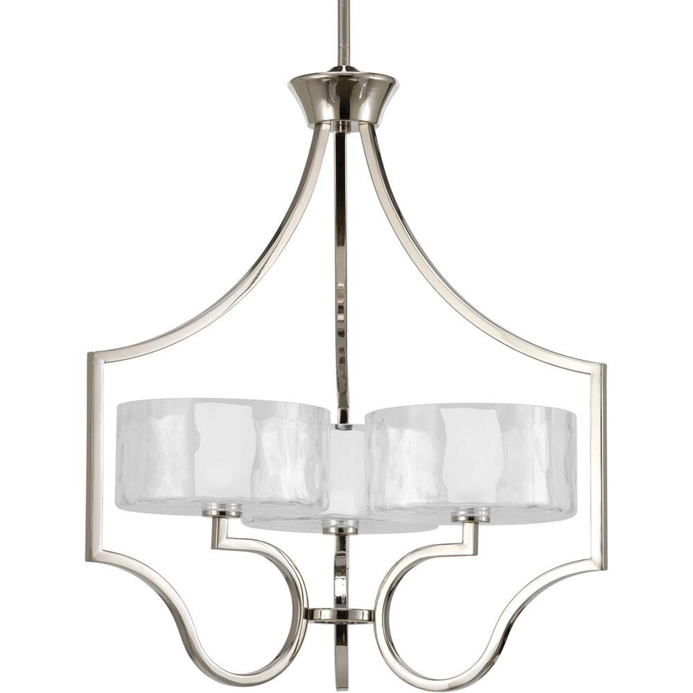 Progress Lighting Caress Collection Three-Light Polished Nickel Clear Water Glass Luxe Chandelier Light