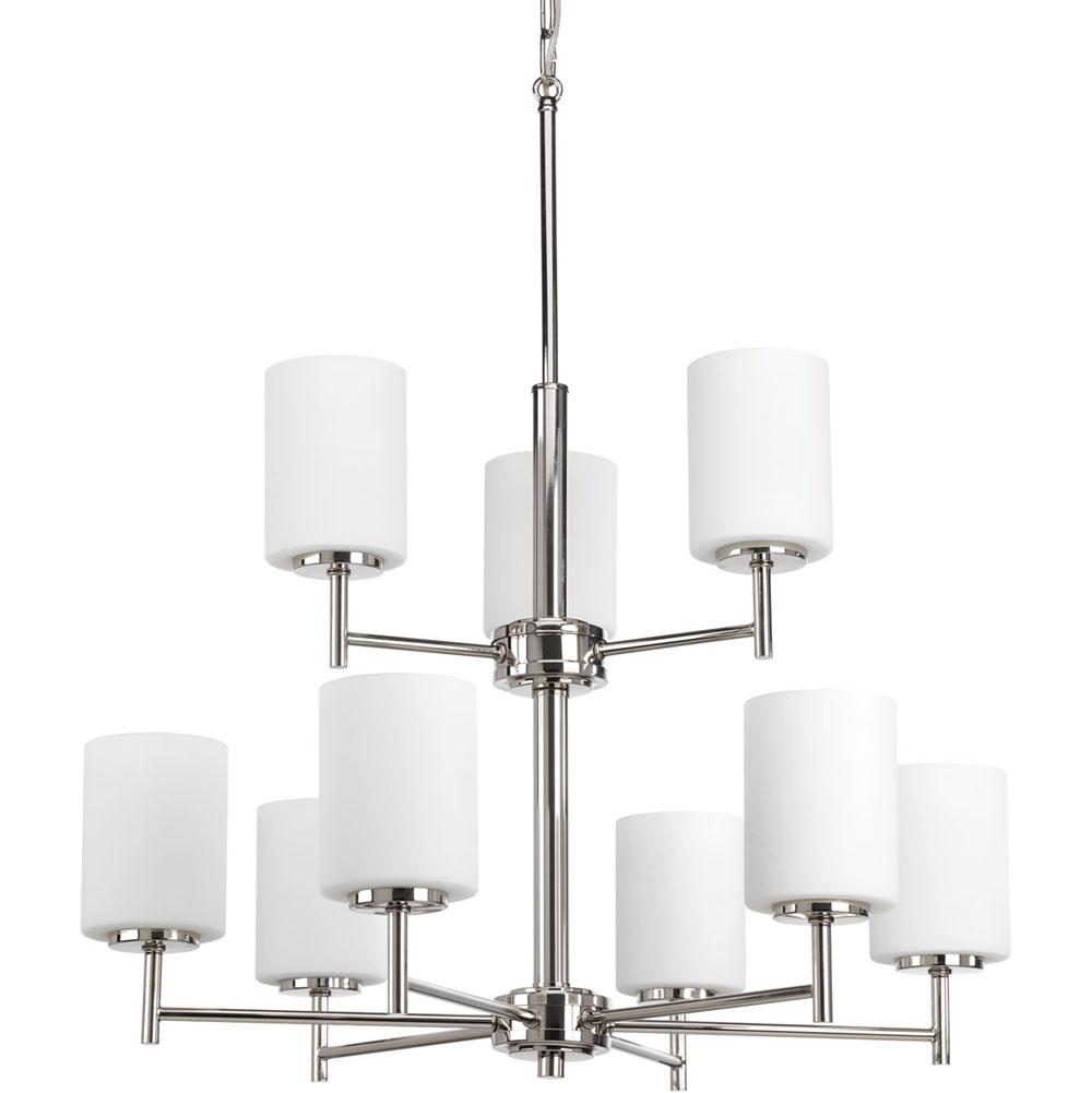 Progress Lighting Replay Collection Nine-Light Polished Nickel Etched Painted White Glass Modern Chandelier Light