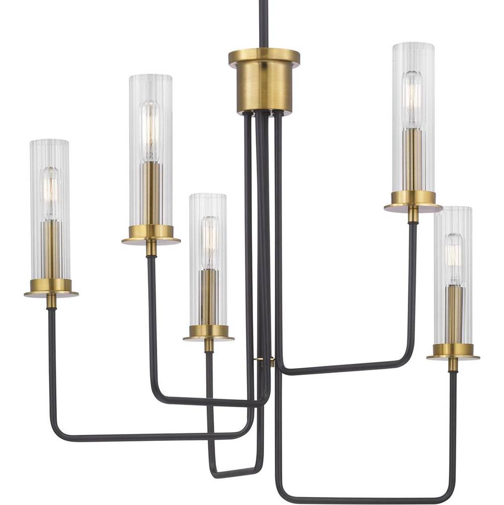 Progress Lighting Rainey Collection Five-Light Graphite Clear Fluted Ribbed Glass Modern Chandelier Light