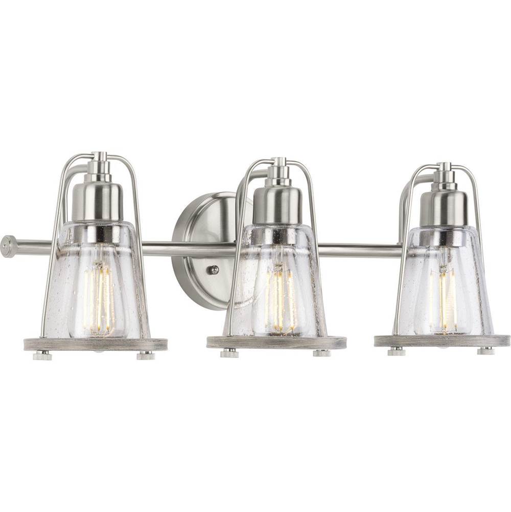 Progress Lighting Conway Collection Three-Light Brushed Nickel and Clear Seeded Farmhouse Style Bath Vanity Wall Light