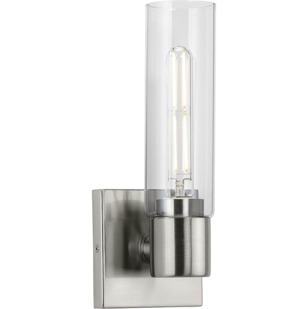 Progress Lighting Clarion Collection One-Light Brushed Nickel and Clear Glass Modern Style Bath Vanity Wall Light