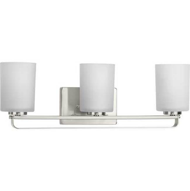 Progress Lighting League Collection Three-Light Brushed Nickel and Etched Glass Modern Farmhouse Bath Vanity Light