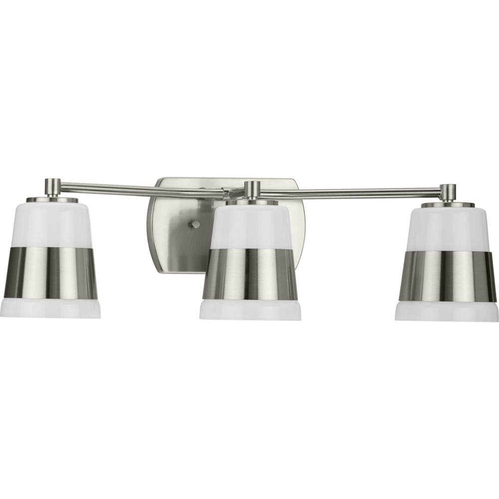 Progress Lighting Haven Collection Three-Light Brushed Nickel Opal Glass Luxe Industrial Bath Light
