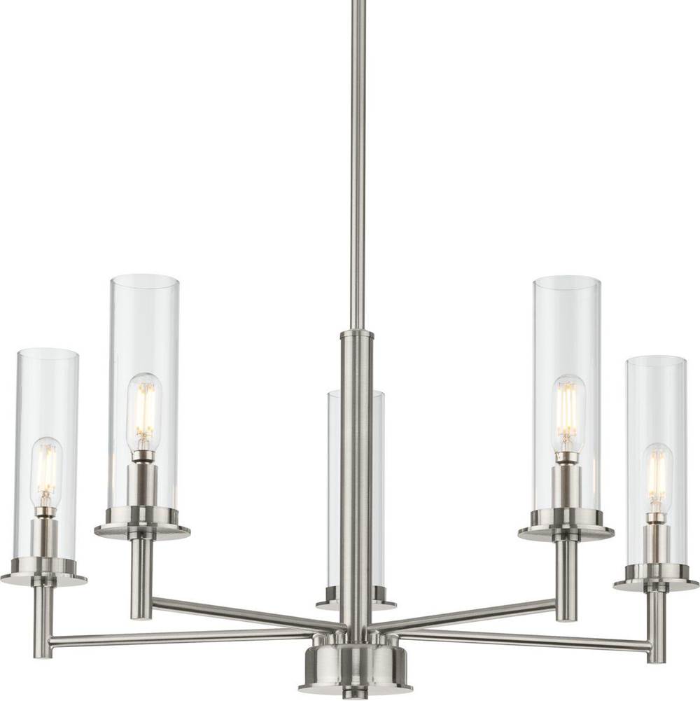 Progress Lighting Kellwyn Collection Five-Light Brushed Nickel and Clear Glass Transitional Style Chandelier Light
