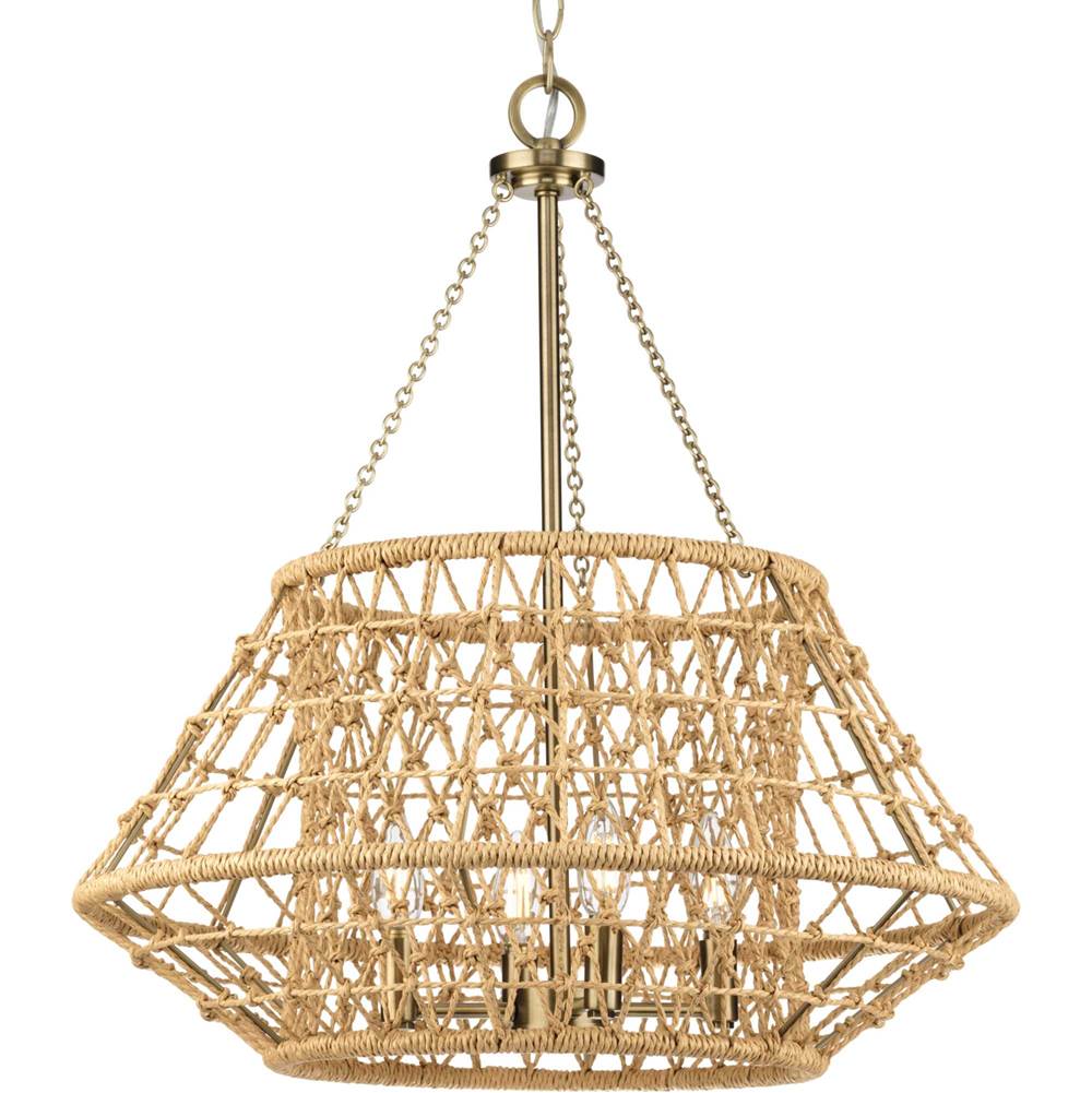 Progress Lighting Laila Collection Four-Light Vintage Brass Coastal Chandelier with Woven Jute Accents