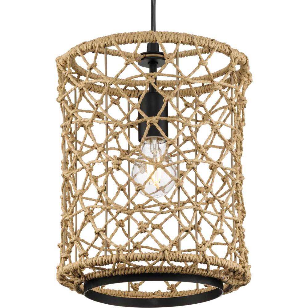 Progress Lighting Chandra Collection One-Light Matte Black Global Pendant with Woven Shade
