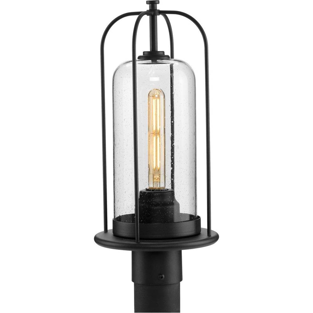 Progress Lighting Watch Hill Collection One-Light Textured Black and Clear Seeded Glass Farmhouse Style Outdoor Post Lantern