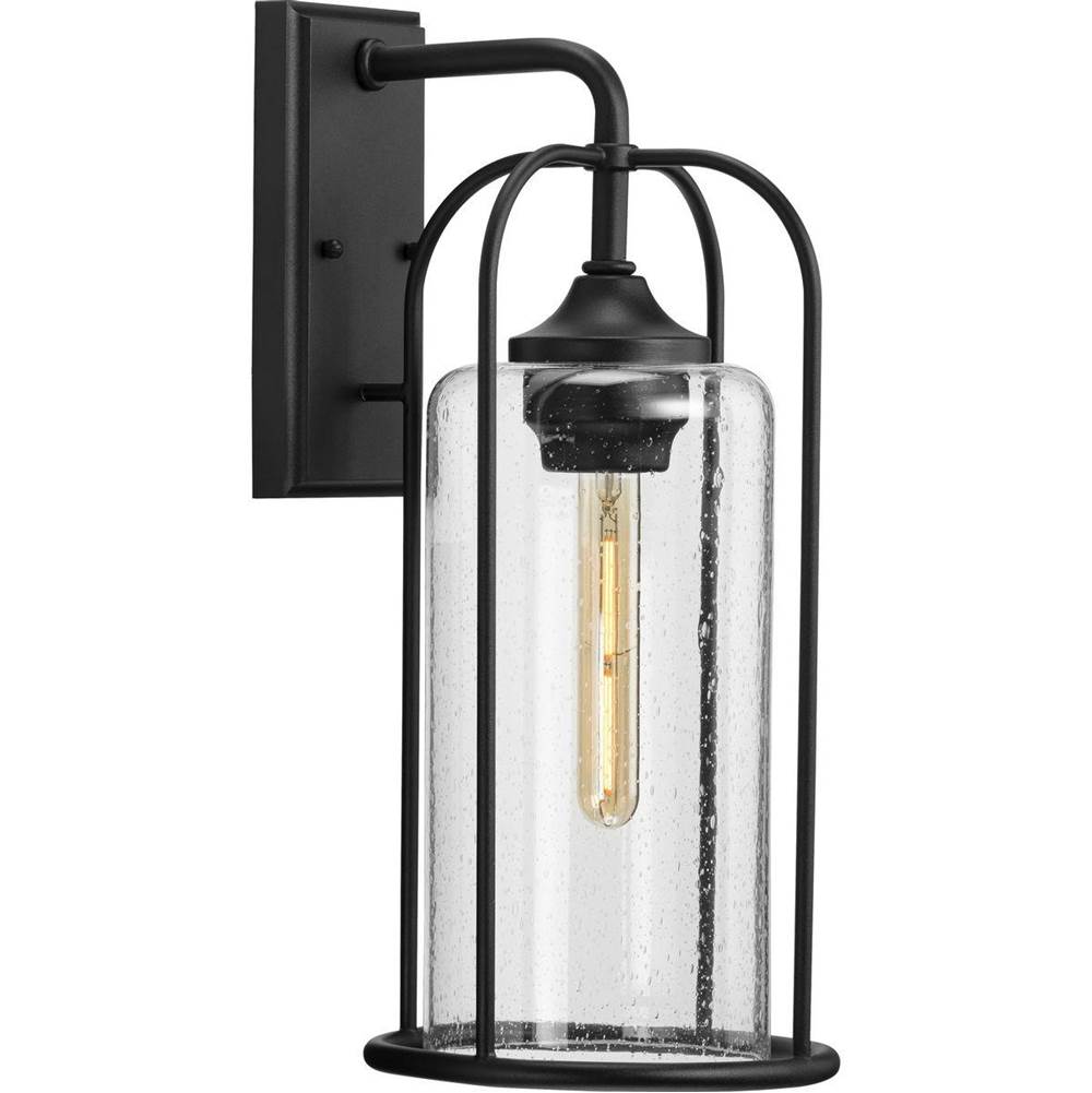 Progress Lighting Watch Hill Collection One-Light Textured Black and Clear Seeded Glass Farmhouse Style Large Outdoor Wall Lantern