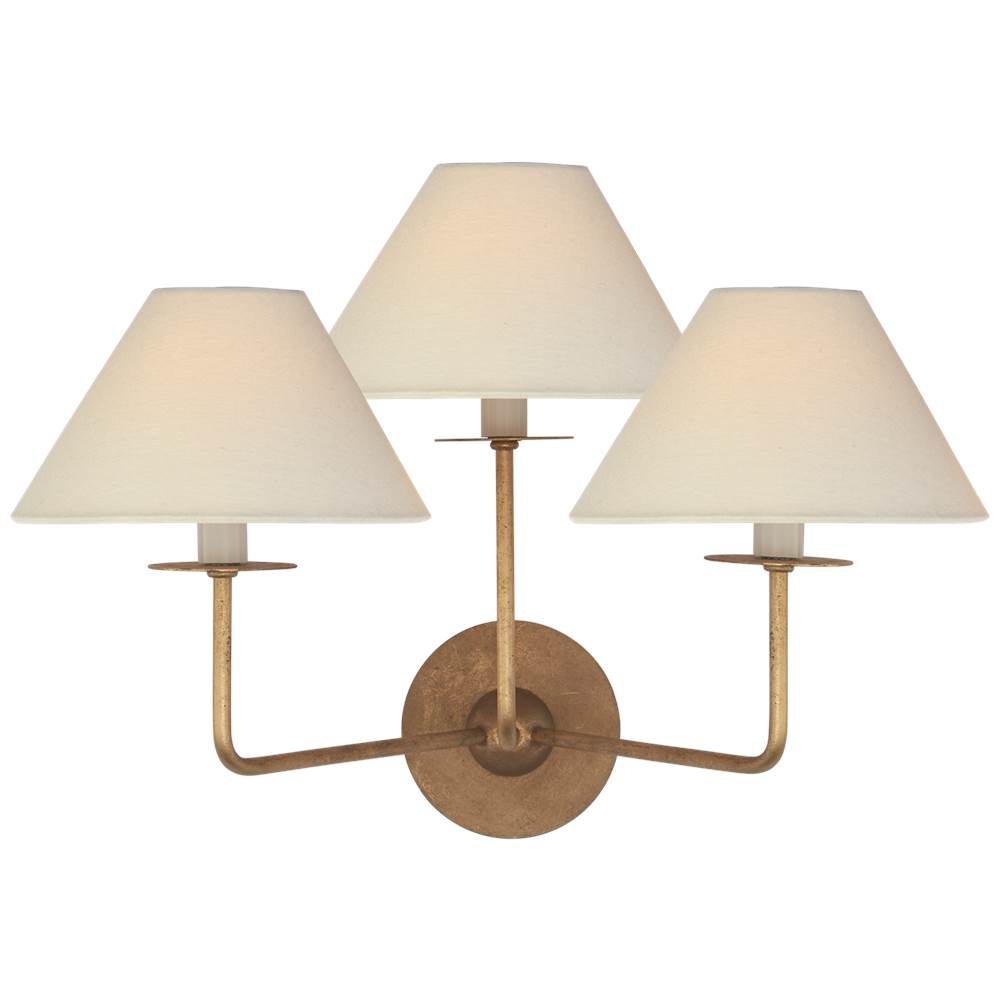 Visual Comfort Signature Collection Kelley Medium Triple Sconce in Gilded Iron with Linen Shades