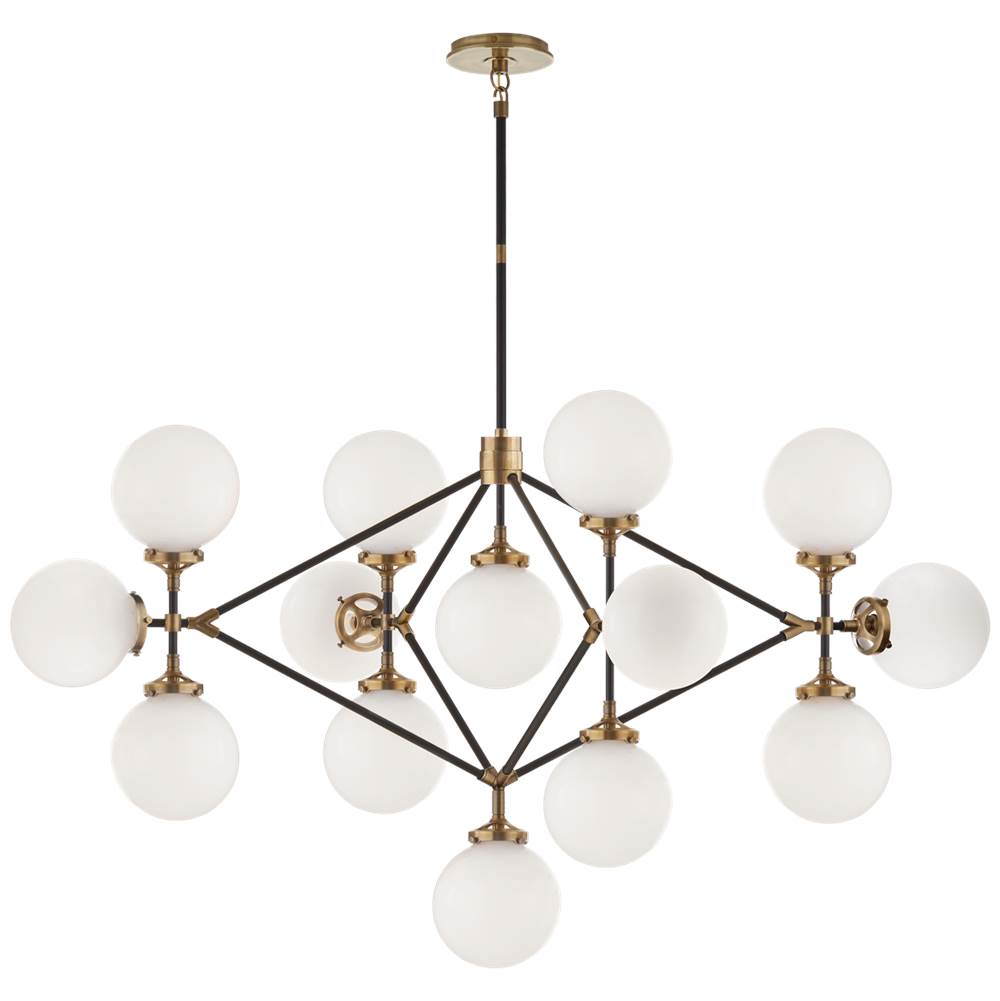 Visual Comfort Signature Collection Bistro Four Arm Chandelier in Hand-Rubbed Antique Brass and Black with White Glass