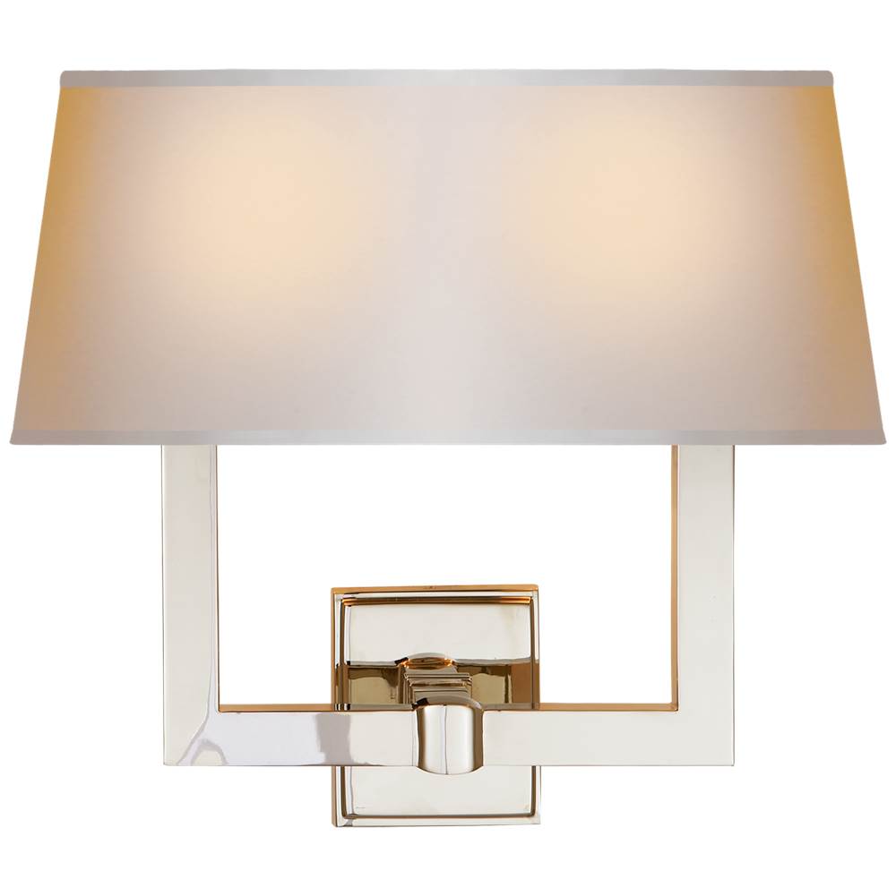 Visual Comfort Signature Collection Square Tube Double Sconce in Polished Nickel with Natural Paper Single Shade
