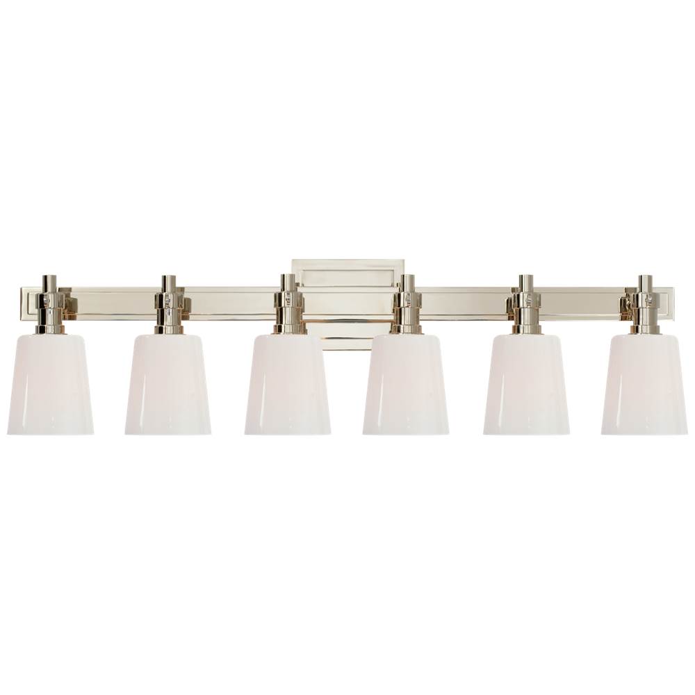 Visual Comfort Signature Collection Bryant Six-Light Linear Bath Sconce in Polished Nickel with White Glass